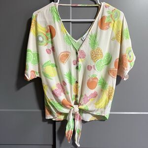 Warehouse Women Short Sleeve V-Neck Tie Front Novelty Fruit Blouse 10 (US M)